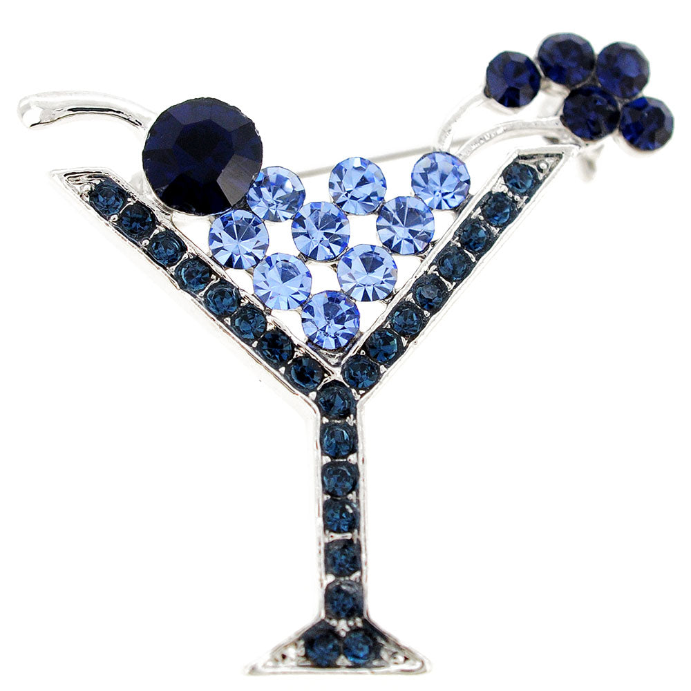 Blue Martini Glass Crystal Pin Brooch