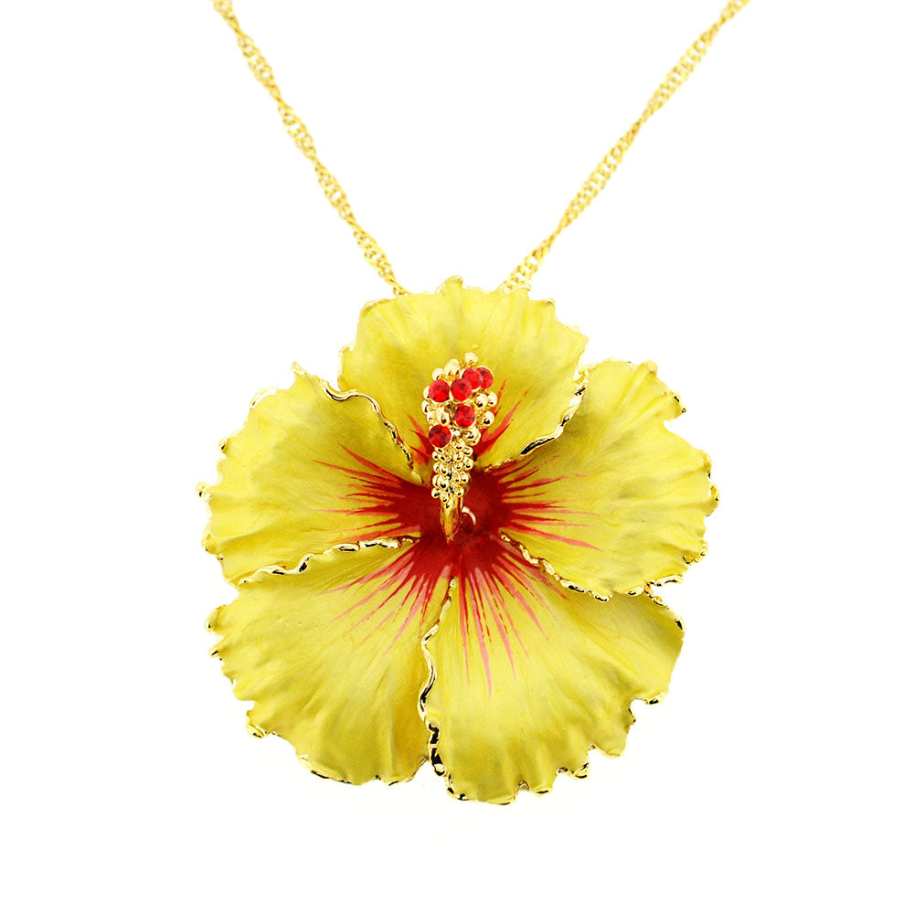 Yellow Hawaiian Hibiscus Flower Swarovski Crystal Brooch and Pendant