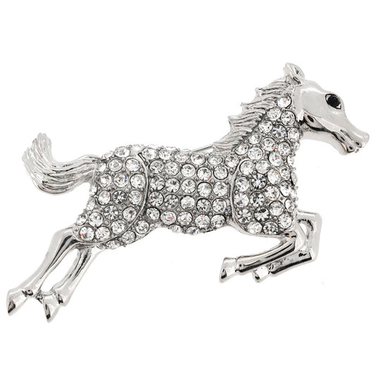 Silver Crystal Leaping Horse Pin Brooch