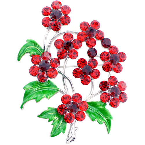 Red Flower Green Leaf Bouquet Crystal Brooch Pin