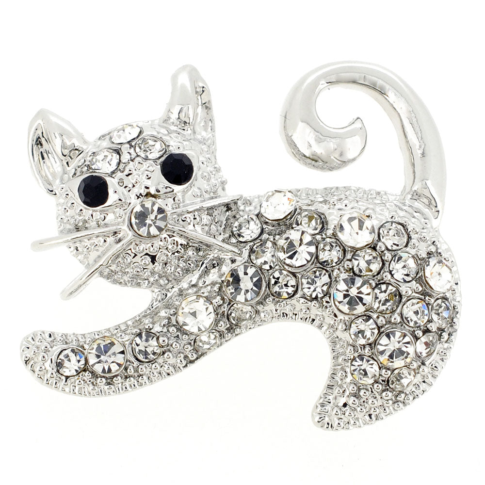 Silver Cat Crystal Pin Brooch