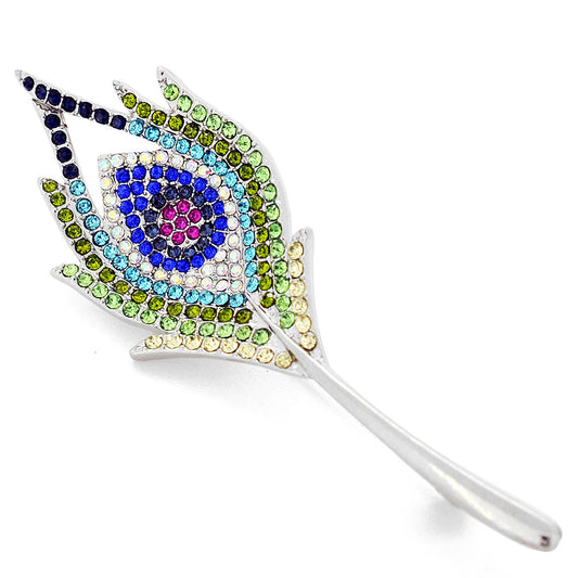 Multicolor Peacock Feather Crystal Pin Brooch