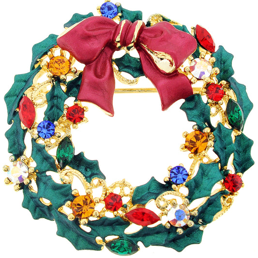 Multicolor Christmas Bow Wreath Swarovski Crystal Pin Brooch