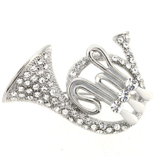 Silver Crystal French Horn Pin Brooch