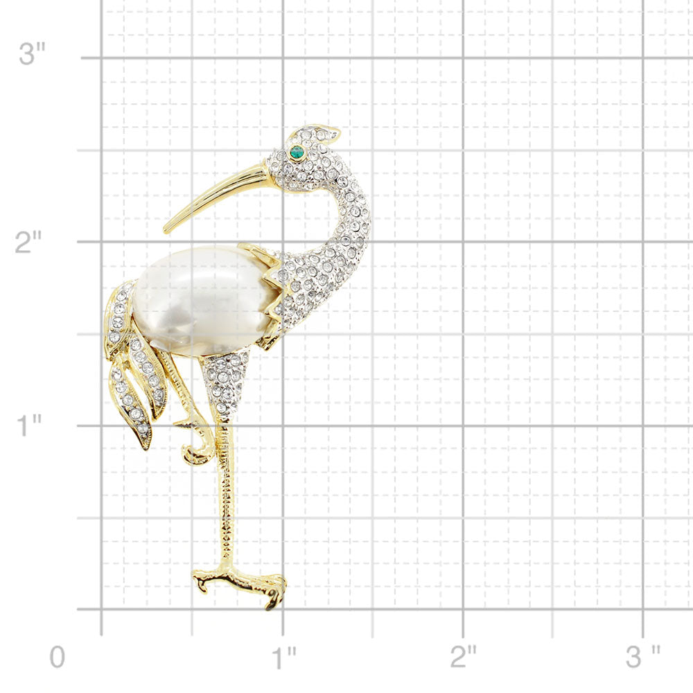 White Pearl Crane Bird Swarovski Crystal Pin Brooch