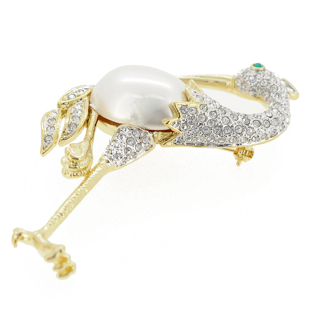 White Pearl Crane Bird Swarovski Crystal Pin Brooch