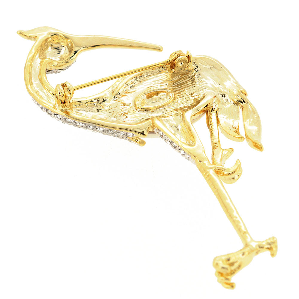 White Pearl Crane Bird Swarovski Crystal Pin Brooch