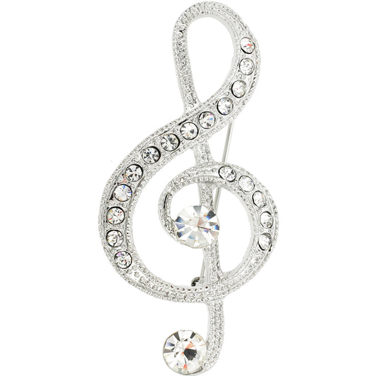 Silver Spiral Music Note Crystal Pin Brooch