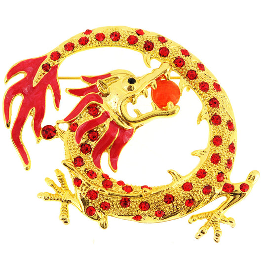 Golden Chinese Dragon Crystal Pin Brooch