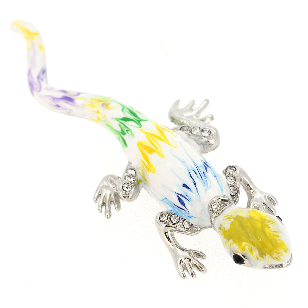 White Enamel Crystal Lizard Pin Brooch