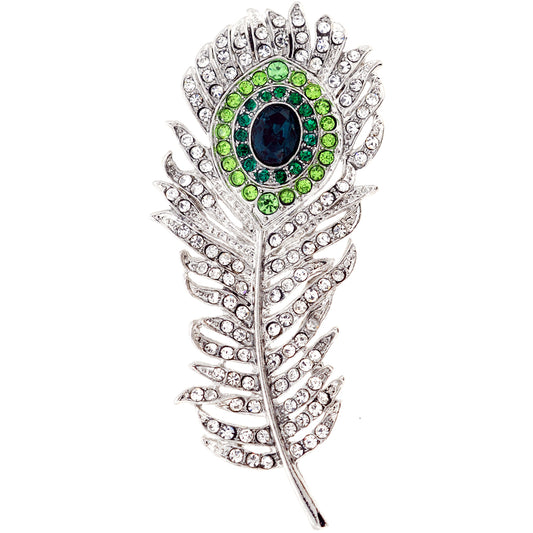 Chrome Peacock Feather Crystal Pin Brooch