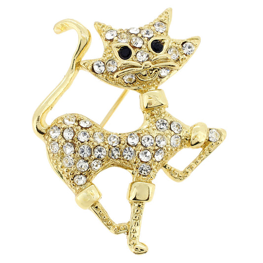 Golden Crystal Cat Pin Brooch