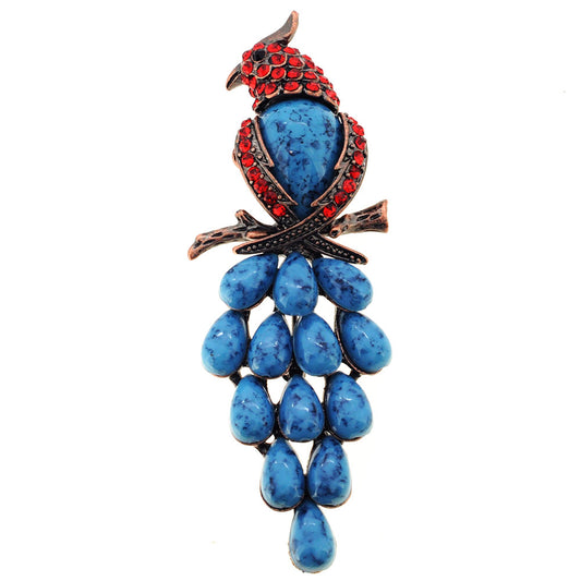 Vintage Ruby Parrot Pin Brooch with Turquoise Gem Drop Stones