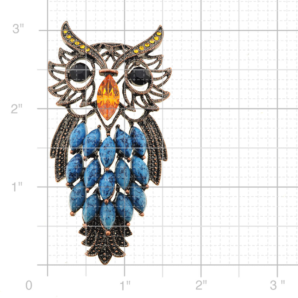 Vintage Style Blue Turquoise Topaz Owl Pin Brooch