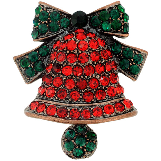 Red Christmas Bell with Green Bow Crystal Pin Brooch