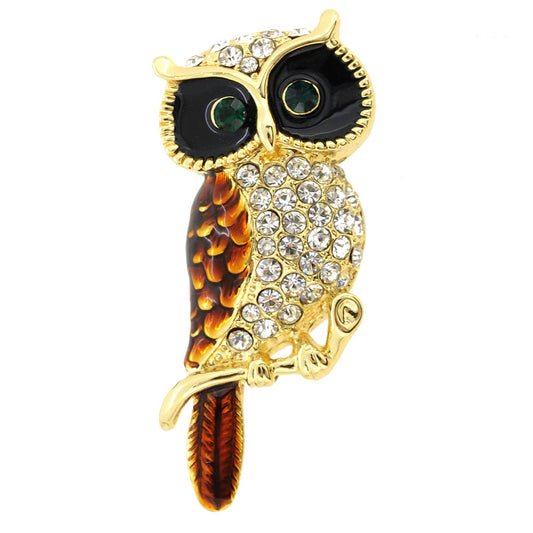 Golden Owl Enamel Bird Pin Brooch