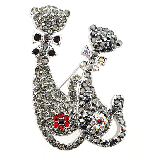 Black Couple Cat Swarovski Crystal Kitty Pin Brooch