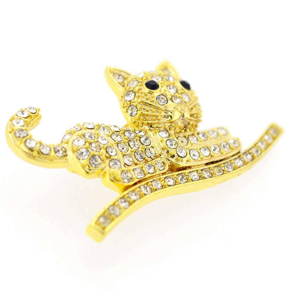 Golden Cat Kitty Crystal Pin Brooch