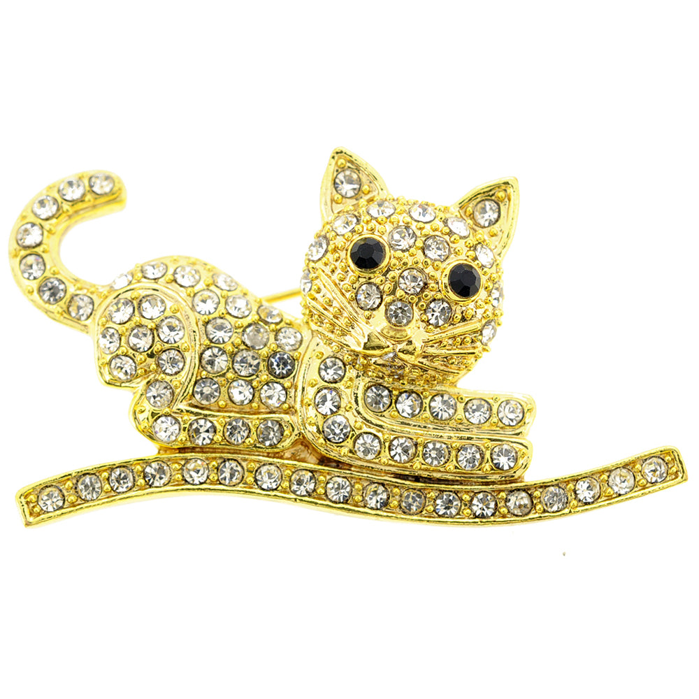 Golden Cat Kitty Crystal Pin Brooch