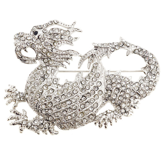 Silver Crystal Dragon Pin Brooch