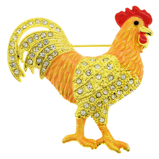 Orange Yellow Rooster Crystal Pin Brooch