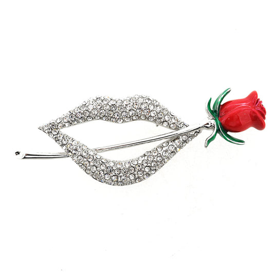 Crystal Lip With Red Rose Flower Pin Brooch