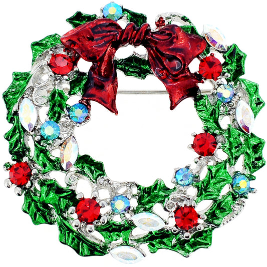 Red Bow Christmas Wreath Crystal Pin Brooch