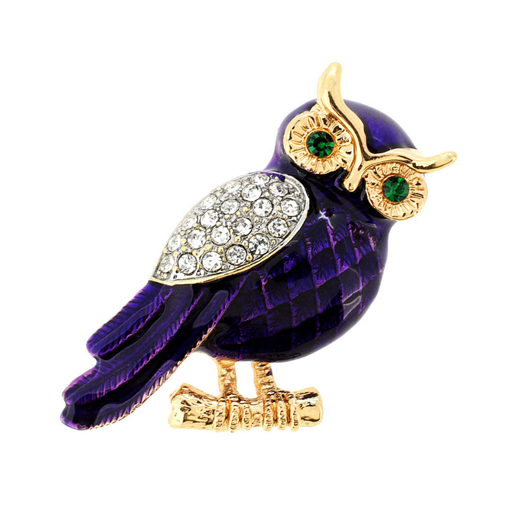 Enamel Purple Owl Crystal Pin Brooch