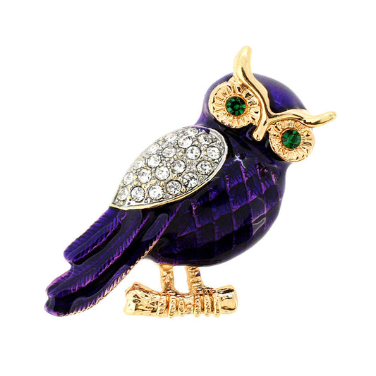 Enamel Purple Owl Crystal Pin Brooch