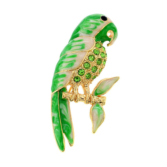 Green Parrot Crystal Pin Brooch