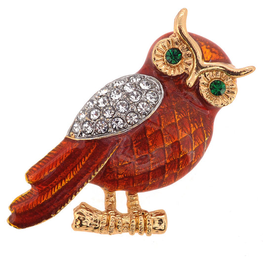 Enamel Brown Owl Crystal Pin Brooch