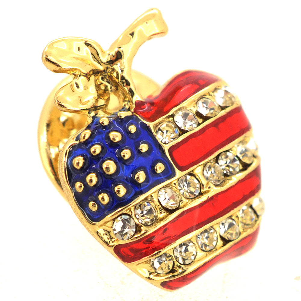 Gold American Flag Apple Patriotic Crystal Pin Brooch