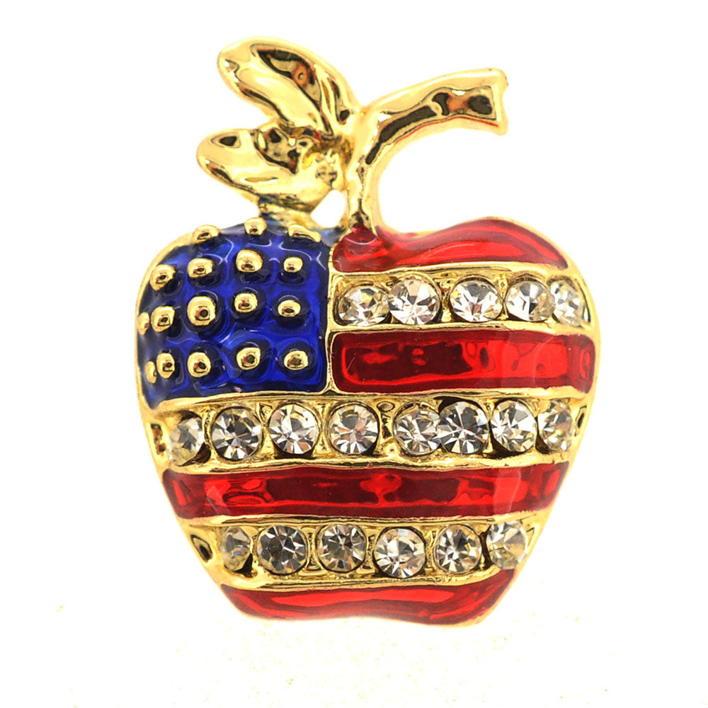 Gold American Flag Apple Patriotic Crystal Pin Brooch