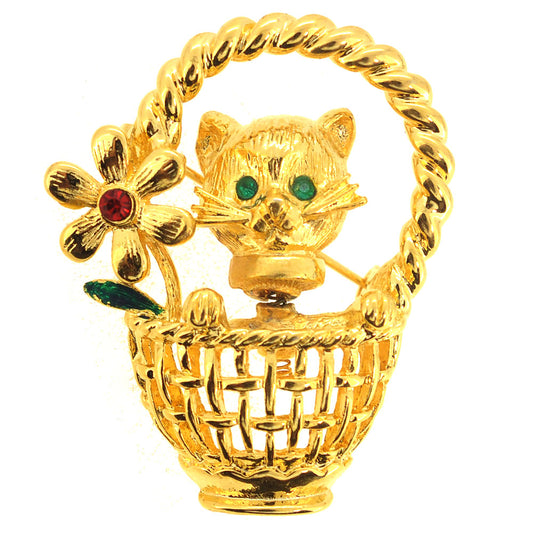 Kitty In A Basket Pin Brooch