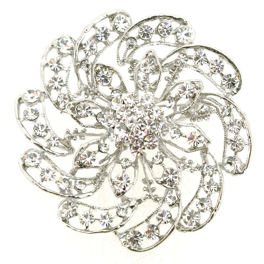 Silver Chrome Flower Crystal Pin Brooch