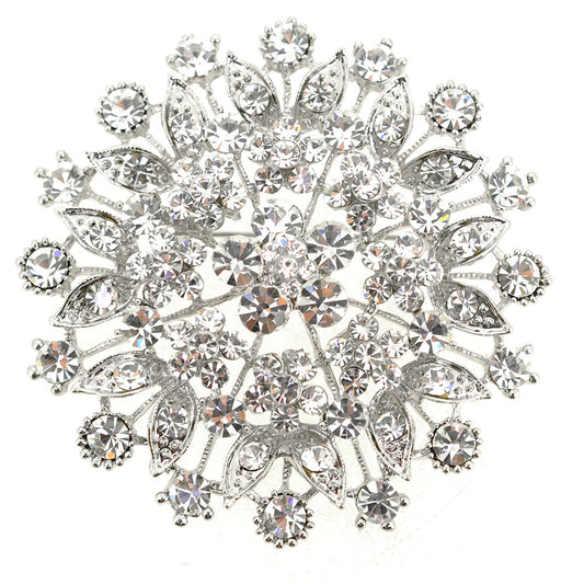 Silver Chrome Flower Crystal Pin Brooch