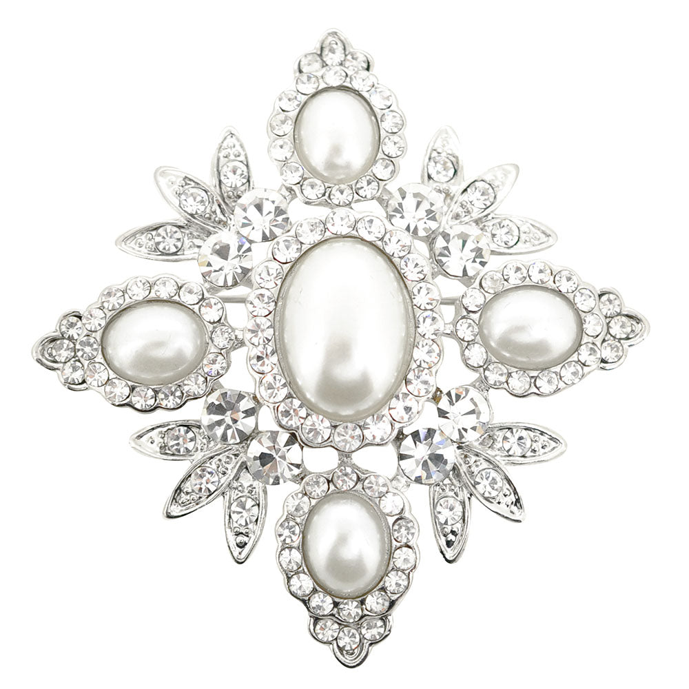 Silver Flared Pearl Diamond Wedding Brooch Pin