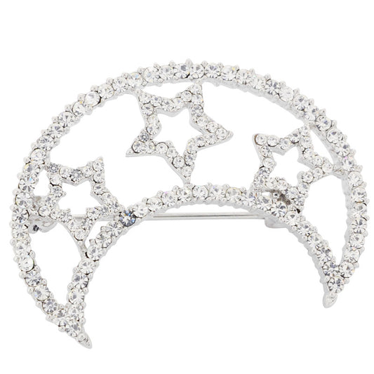 Crystal Half Moon And Stars Brooch Pin