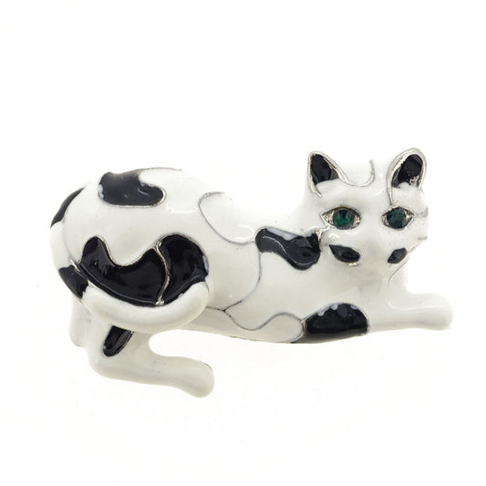 White and Black Enamel Cat Pin Brooch