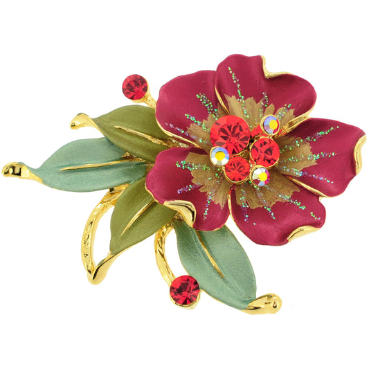 Red Flower Swarovski Crystal Brooch Pin