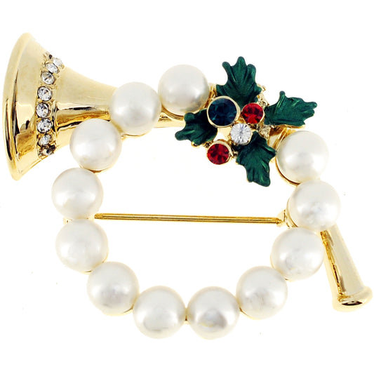 Christmas Pearl Horn Wreath Crystal Pin Brooch