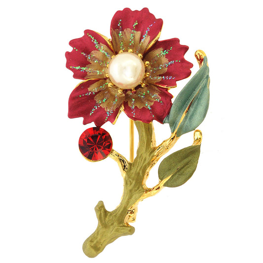 Red Flower Swarovski Crystal Pin Brooch