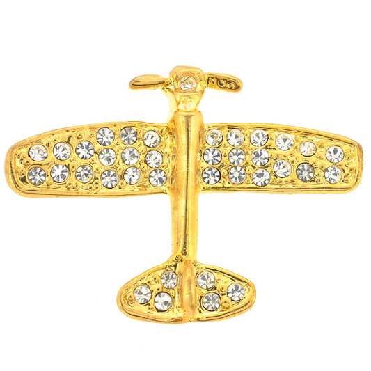 Golden Airplane Crystal Brooch Pin