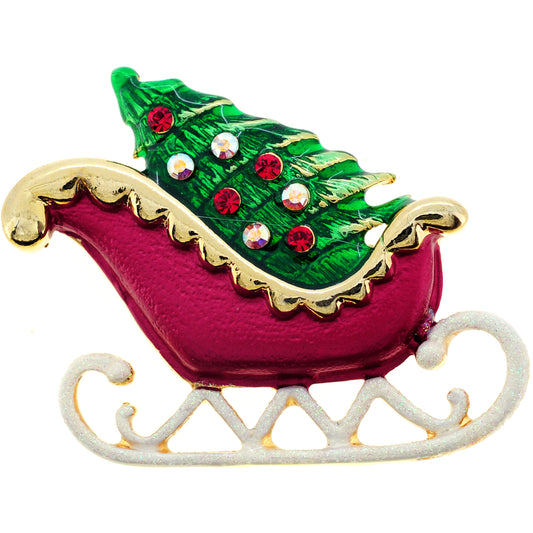 Red Christmas Sleigh Swarovski Crystal Pin Brooch