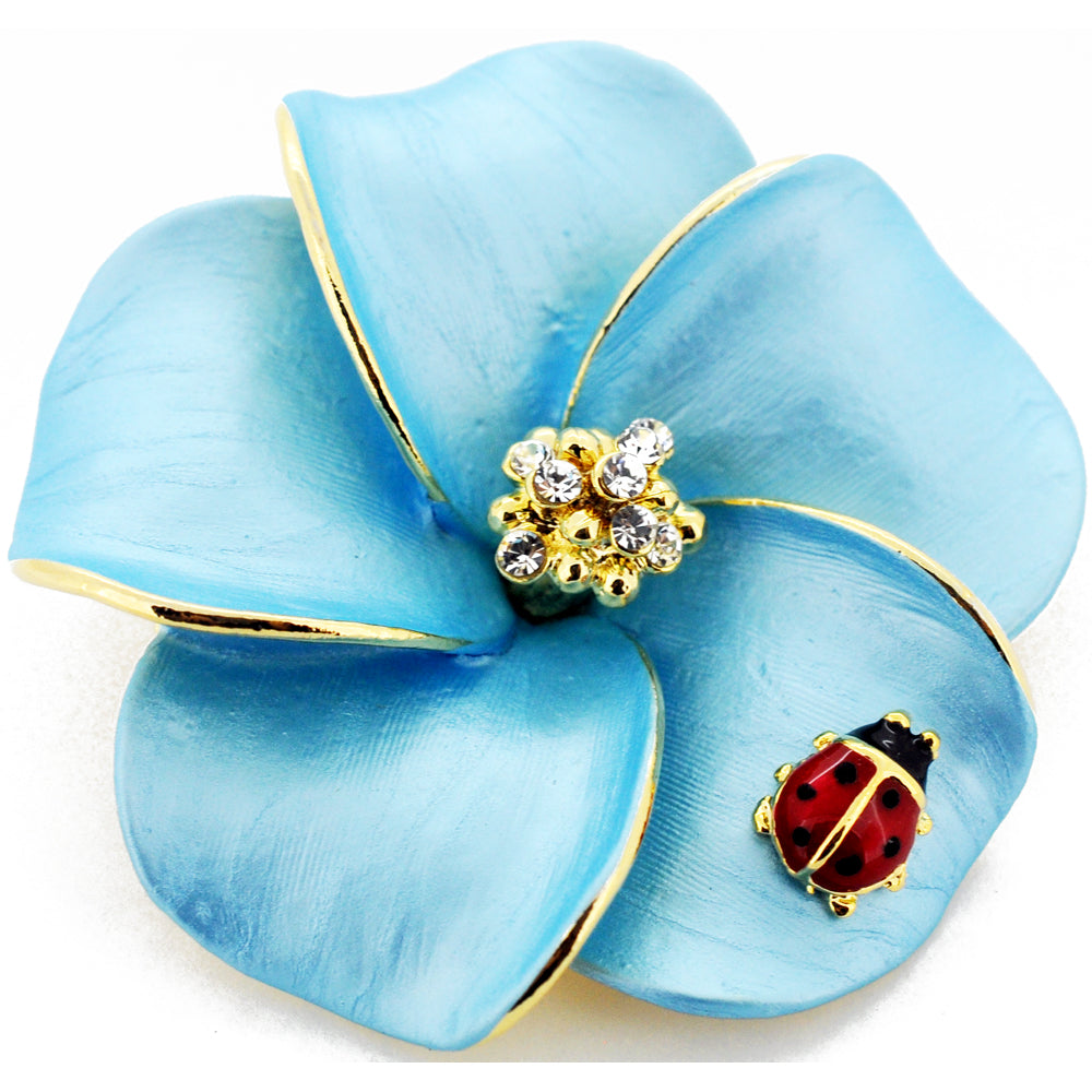 Blue Hawaiian Plumeria With Red Ladybug Swarovski Crystal Pin Brooch and Pendant