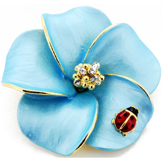 Blue Hawaiian Plumeria With Red Ladybug Swarovski Crystal Pin Brooch and Pendant