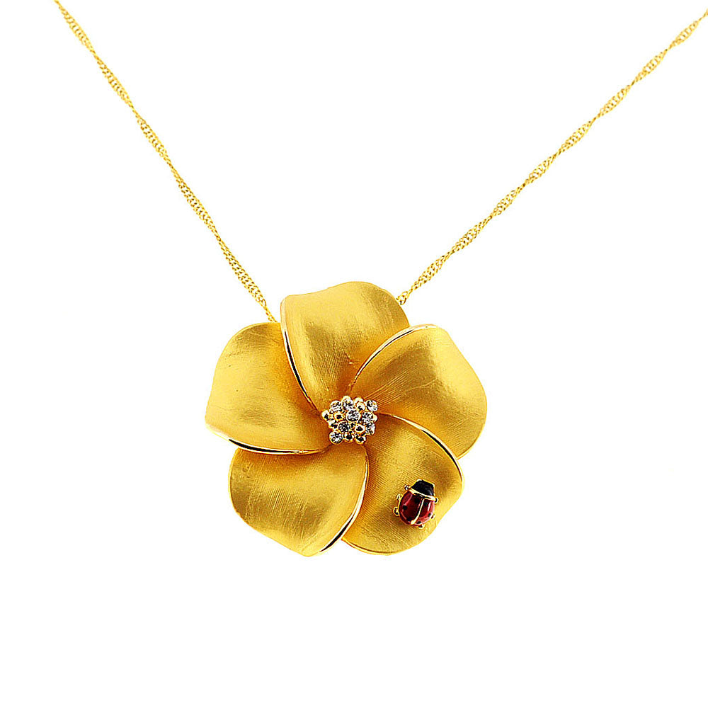 Golden Hawaiian Plumeria With Red Ladybug Swarovski Crystal Flower Pin Brooch and Pendant