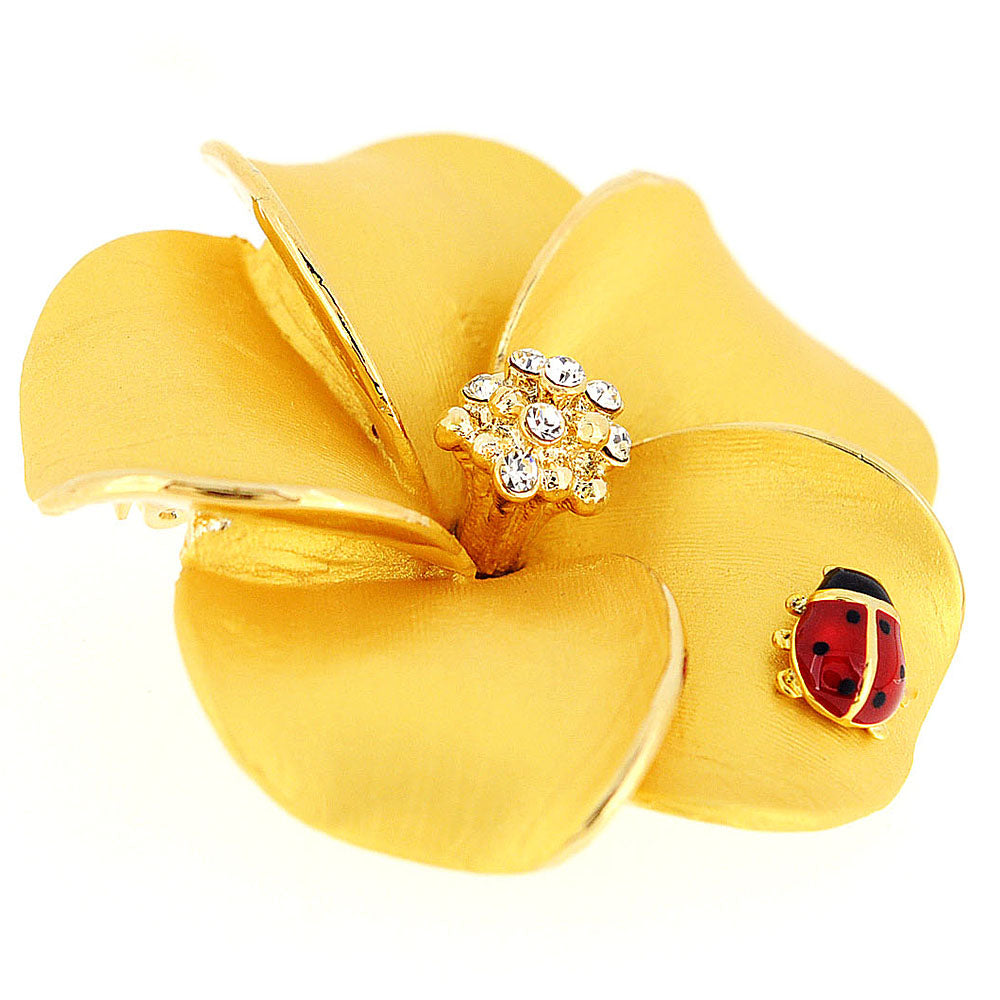 Golden Hawaiian Plumeria With Red Ladybug Swarovski Crystal Flower Pin Brooch and Pendant