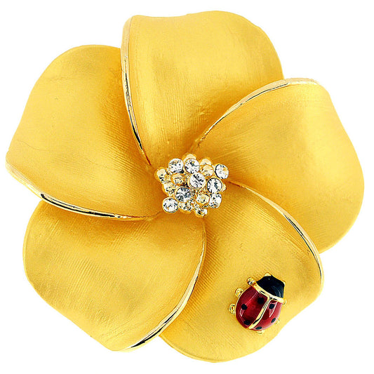 Golden Hawaiian Plumeria With Red Ladybug Swarovski Crystal Flower Pin Brooch and Pendant