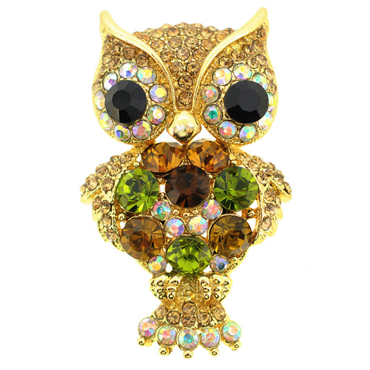 Golden Multicolor Owl Swarovski Crystal Pin Brooch